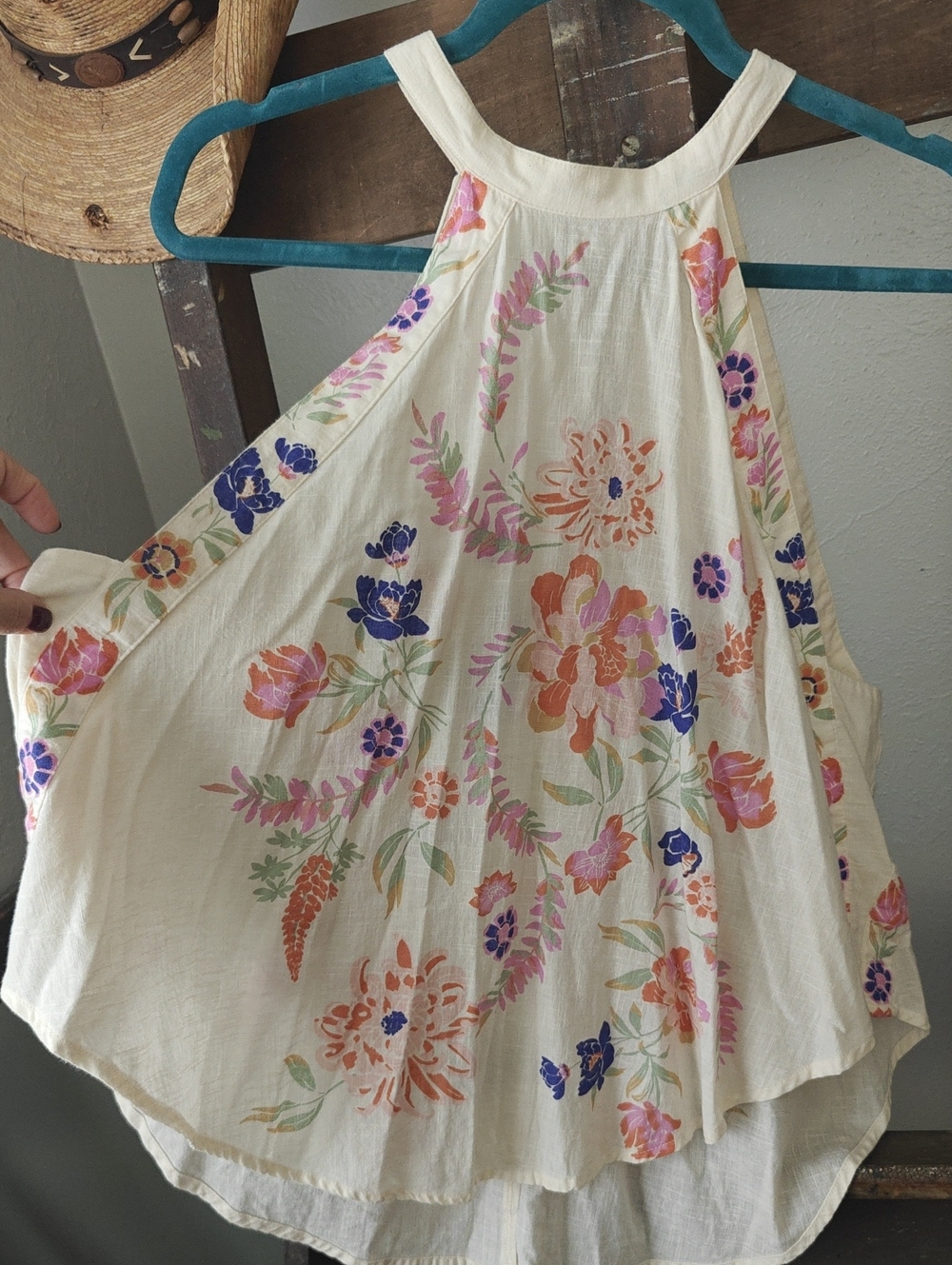 Free People Emily Cream Floral High-Low Skirt with Pink Orange Purple Accents